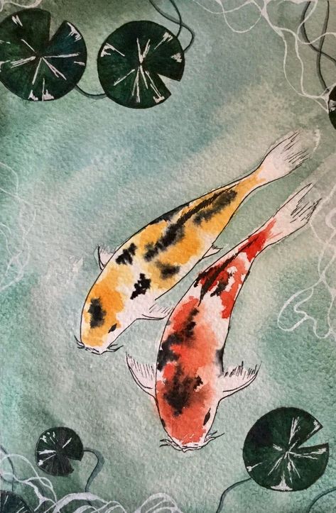 Watercolour Pond Painting, Koi Pond Watercolor Painting, How To Paint Koi Fish In A Pond, Koi Fish Pond Watercolor, Koi Fish Aesthetic Drawing, Koi Fish Pond Painting Watercolor, Watercolor Pond Painting, Watercolor Art Koi Fish, Koi Fish In Pond Drawing