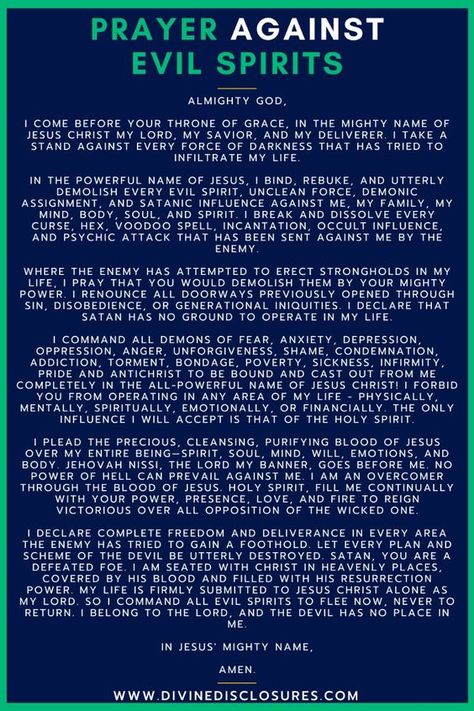 Arm yourself spiritually with this powerful prayer against evil spirits. These potent words call upon God's authority to rebuke darkness, break malevolent influences, and establish a protective shield around you. Share this impactful prayer to cleanse your surroundings, fortify your faith, and claim victory over spiritual attacks. Essential for those seeking deliverance and divine safeguarding from negative forces. #prayeragainstevilspirits #spiritualdeliverance #spiritualwarfare #breakthrough #spirituality #divineprotection #breakingevil #faithshield #spiritualvictory Prayers Against Halloween, Prayers To Rebuke The Enemy, Deliverance Ministry Spiritual Warfare, Prayer For Spiritual Attack Protection, Prayer For Monitoring Spirits, Prayers Against Bad Dreams, Breaking Strongholds Spiritual Warfare, Rebuke Evil Spirits, Prayers To Remove Toxic People