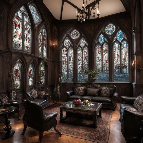 Gothic-style living room interior design with stained glass windows, table with ebony inlays Gothic Living Room, Sitting Rooms, Living Room Interior Design, Conceiving, Max On, Gothic House, Room Interior Design, April 20, Gothic Style