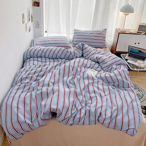 Check out our aesthetic Nordic Stripes Bedding Set! Featuring a cozy yet stylish design, this set will transform your bed into a Scandinavian dream. Embrace the hygge life with our soft fabrics and bold stripes. (Pillaging and conquering not included.)   Style:   Aesthetic Room Decor   Content:     Single: includes 1 x Duvet Cover, 1 x Pillowcase, 1 x Flat Bed Sheet      Double  includes 1 x Duvet Cover, 2 x Pillowcase, 1 x Flat Bed Sheet      Queen: includes 1 x Duvet Cover, 2 x Pillowcase, 1 x Flat Bed Sheet            Size:    Single 3Pcs   - Dimensions: 150 x 200 cm / 59 x 78.7 in   Double 4Pcs   - Dimensions: 150 x 200 cm / 59 x 78.7 in     Queen   -  Dimensions: 200 x 230 cm / 79 x 91 in                 Care:   Fabric: Cotton（Main Fiber beyond 60%)     Machine wash under 35 centigrad Bed Sheet Sizes, Striped Bedding, Soft Comforter, Striped Sheets, Soft Bedding, Flat Bed, Northern Europe, Cotton Duvet Cover, Cotton Duvet