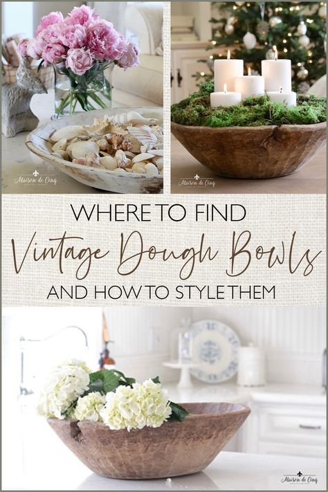 Fabulous Vintage French Dough Bowls - and How to Style Them! 10+ Fabulous Ways to Style Dough Bowls --->#maisondecinq frenchcountry frenchfarmhouse farmhousestyle fixerupperstyle farmhousedecor farmhousekitchen doughbowls frenchdoughbowls vintagedoughbowls antiquedoughbowls vintagestyle Styling A Large Decorative Bowl, Wooden Bread Bowl Centerpiece Decorating Ideas, How To Decorate Dough Bowls, Large Decorative Bowl Filler Ideas, Round Dough Bowl Decor, Wooden Bowl Decor Ideas Rustic, Dough Bowl Styling, Round Wooden Bowl Decor Ideas, Antique Dough Bowl Decorating Ideas