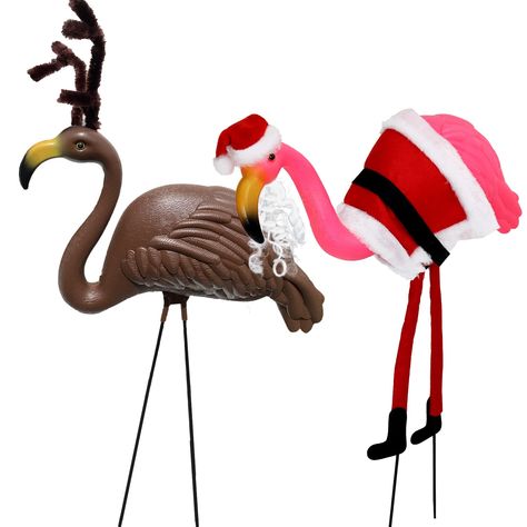 PRICES MAY VARY. Two large flamingos in 2 unique designs with Chirstmas Santa costume in Pink flamingo and Reindeer costume in Brown flamingo. Each flamingo size is approx. 17" wide x 8" Tall, with a pair of 17.5" black vinyl covered metal stakes. After assembled, flamingo skeleton is up to 24.5" height. Made with durable and weather resistant plastic for indoor and outdoor use. Perfect for Christmas garden lawn ornaments, Hawaiian Christmas festival yard decortions, Chirstmas flamingo party dec Outdoor Reindeer, Outdoor Christmas Decorations Yard, Reindeer Costume, Christmas Flamingo, Halloween Lawn, Flamingo Ornament, Tropical Party Decorations, Hawaiian Christmas, Yard Ornaments