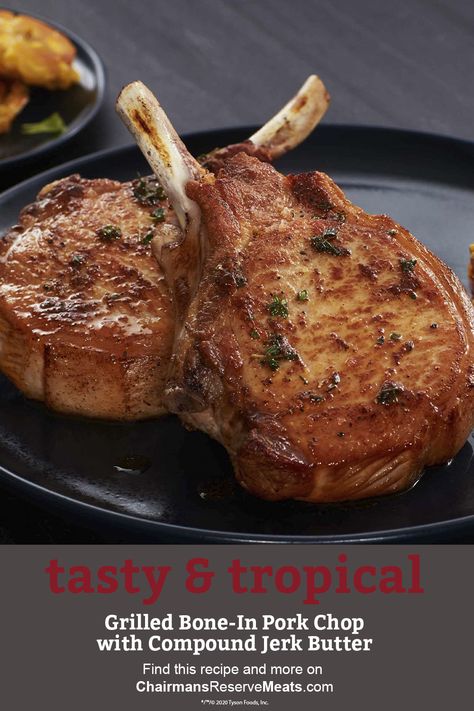 Feeling chilly? Bring the flavors of Jamaica to your dinner table with elegant frenched Chairman’s Reserve®Pork Chops, finished with a jerk-inspired compound butter. Find this recipe and more on ChairmansReserveMeats.com. Food Inc, Compound Butter, Angus Beef, Crockpot Dishes, Pork Chops, Steak, Comfort Food, Grilling, Butter