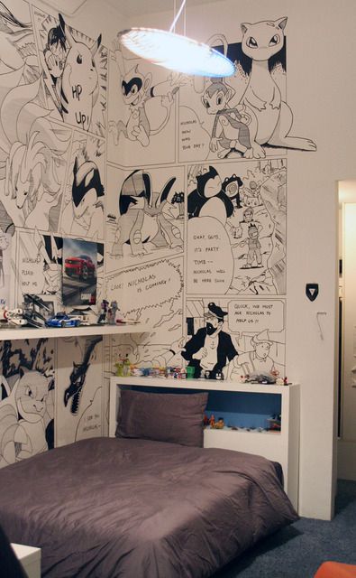 I bet Seth would love Batman comic strips in Jude's room :) Pokemon Bedroom, Anime Bedroom Ideas, Pokemon Room, Otaku Room, Anime Decor, Fashion Decoration, Anime Room, Kawaii Room, Cool Pokemon