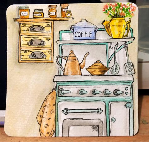 Cottage Drawing, Simple Fireplace, Watercolor House Painting, Kitchen Drawing, Ink Paintings, Oil Pastel Drawings, Vintage Drawing, Mom Art, 수채화 그림