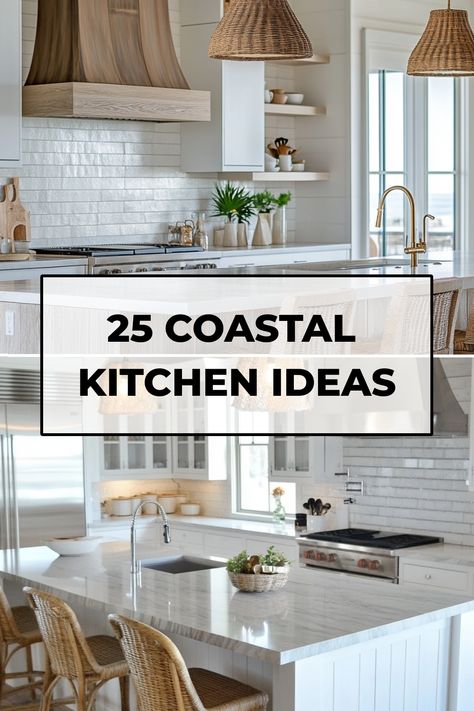 25 coastal kitchen ideas with white cabinets, wooden accents, and wicker barstools. Lake House Kitchen Design, Coastal Kitchen Design Ideas, Beach House Decor Coastal Style Kitchen, Coastal Kitchen Design Beach Houses, Modern Coastal Kitchen Design, Florida Kitchen Ideas, Coastal Kitchen Backsplash Ideas, Coastal Modern Kitchen, Small Coastal Kitchen