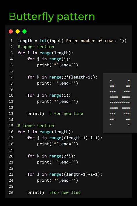 butterfly pattern in python Python Programming Codes, Computer Science Python, Cool Python Codes, Simple Python Code, Learn Python Programming, Programming C++, Python Coding Projects, Python Aesthetic Coding, Python Programming Coding