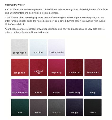 Sultry Winter Color Palette, Sultry Winter House Of Colour, Kettlewell Winter, Burnished Winter, Jewel Winter, Sultry Winter, Hoc Winter, Winter Skin Tone, Color Analysis Summer