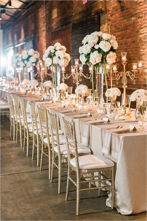 pink and gold wedding reception @weddingchicks Wedding Table Pink, White Wedding Centerpieces, Gold Reception, Wedding Table Themes, Gold Wedding Reception, Elegant Wedding Reception, Pink And Gold Wedding, Reception Chair, Wedding Reception Tables