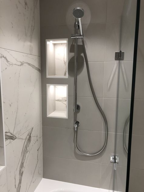 Bath shower marble sliding rail bath screen recessed shelf led lighting strip Shower With Recessed Shelf, Shower Recessed Shelves, Shower Recessed Shelf, Recessed Bookshelves, Shelf Led Lighting, Shower Marble, Irish Homes, Recessed Shower Shelf, Recessed Shelf