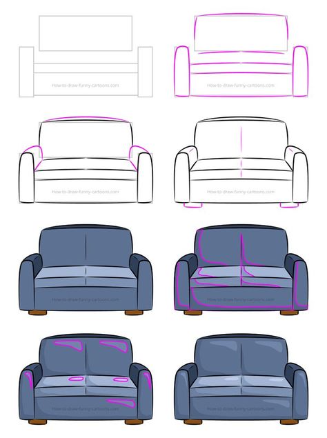 How to Draw a Couch Cartoon Furniture Drawing, Couch Art Reference, Drawing Of A Couch, Couch Drawing Easy, Sofa Drawing Reference, How To Draw A Sofa, How To Draw A Pillow, How To Draw Furniture, How To Draw A Couch