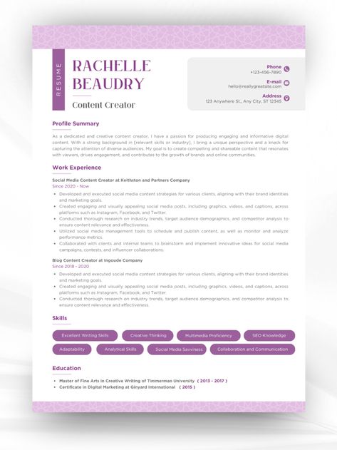 Are you a content creator struggling to put together a CV? Just use this resume CV design template to finish faster and more conveniently. You can modify the content of this resume according to your personal branding. Ats Resume, Best Resume Template, Resume Design Template, Best Resume, Digital Content, Work Experience, Social Media Content, Resume Template, Online Community