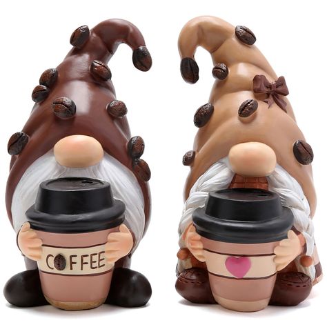 PRICES MAY VARY. Coffee-Themed Gnome Duo: Presenting Hodao Jammy's Designer Coffee Gnome Duo Statue. The male gnome, in a coffee-colored hat adorned with carved beans, cradles a gnome-sized coffee cup. "COFFEE" is carved on it, with a bean for the "O." The female gnome features braids, a cream hat with coffee beans, holding a cup with a pink heart. A creative, romantic blend of coffee charm. Craftsmanship Excellence: Every detail is meticulously perfected, ensuring exquisite craft in this gnome Female Gnome, Swedish Tomte, Farmhouse Scandinavian, Coffee Bar Ideas, Indoor Home Decor, Decor Statue, Coffee Tray, Coffee Bars, Home Coffee Bar