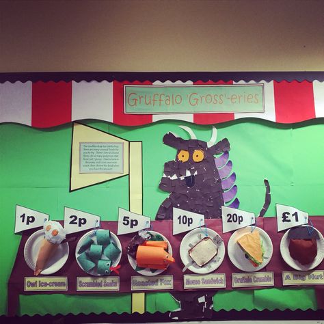 Gruffalo gross-eries classroom display. This half term our topic is Julia Donaldson and our book of the week is the gruffalo . Our math focus is money and we have combined to two with this colourful display :-) The Gruffalo Activities, Gruffalo Eyfs, Gruffalo Activities, Julia Donaldson Books, Winter Animal Crafts, Maths Eyfs, Year 1 Classroom, Maths Display, Early Years Maths