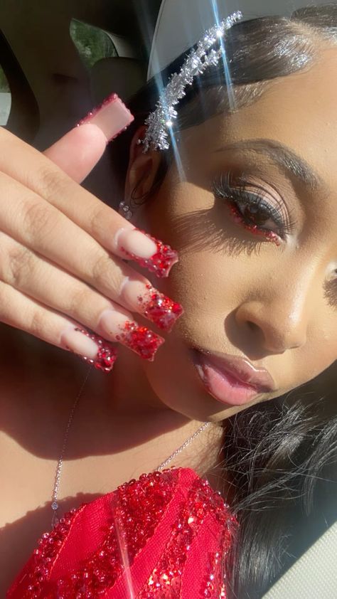 Short Red Homecoming Nails, Red Nails Design Prom, Red Acrylic Birthday Nails, Red Nails Ideas For Prom, Red Nails Acrylic Homecoming, Red Nails For Prom Short, Red Short Acrylics, Black And Red Hoco, Red Nails For Hoco