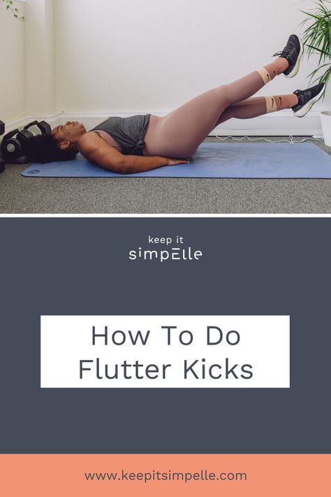 Start by laying flat on your back on your exercise mat, with arms by your sides and palms facing down. Keeping straight legs with toes pointed, lift them a few inches off the ground. You’re going to raise your legs (to at least a 45-degree angle) and lower them again while doing the flutter kick movement – which is crossing over your right leg and left leg repeatedly – keeping your core engaged and your lower back pressed into the floor. Side Leg Lifts, Core Exercise, Flutter Kicks, This Girl Can, Exercise Mat, Leg Lifts, Lower Back Pain, Core Strength, Low Back Pain