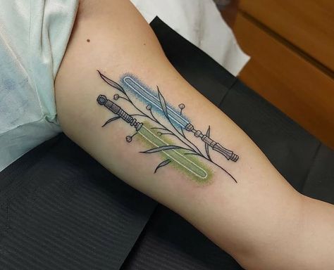 Small Lightsaber Tattoo, Lightsaber Tattoos, Saber Tattoo, Lightsaber Tattoo, Real Lightsaber, Darth Vader Tattoo, The Way Movie, Blue Lightsaber, Couples Tattoo