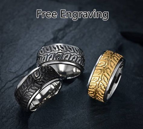 Free Engraved Men Vintage Rotatable Car Tire Titanium Steel | Etsy Mens Stainless Steel Rings, Couples Ring Set, Pattern Ring, Jewelry Tags, Birthday Ring, Bike Tire, Spinner Ring, Spinner Rings, Steel Ring