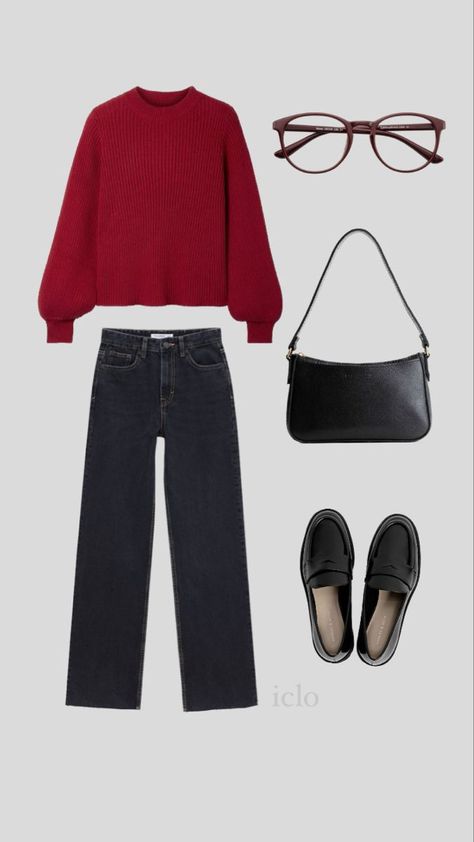 Lab Safe Outfits, Kendall Jenner Red Sweater, Red And Black Work Outfits, Cute Basic Fall Outfits, Red Loafers Outfit Women, Fall Loafers Outfit, Fall Basic Outfits, Basic Outfits Fall, Red Bag Outfit