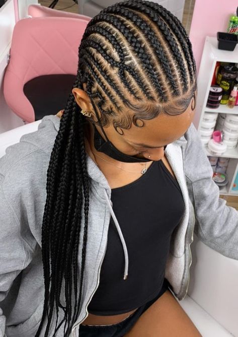 Straight Back Feed Ins With Designs, Box Braid Designs For Black Women, Feed In Braids With Bangs, Medium Feed In Braids Cornrows, Free Style Cornrows, 12 Stitch Braids Straight Back, 6 Straight Back Feed In Braids With Design, 10 Feed In Braids Hairstyles, Feed In Braids Hairstyles Black Women