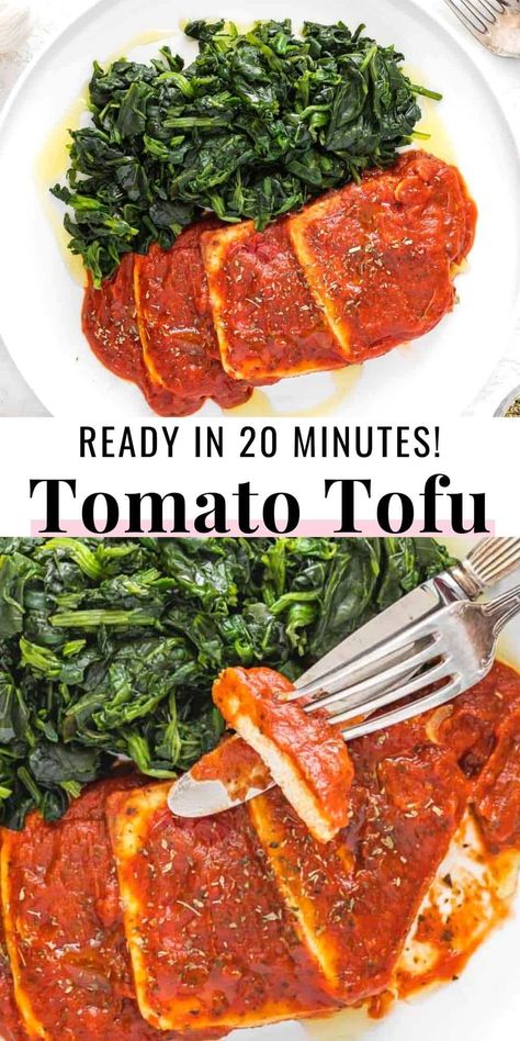 Tofu with Italian pizzaiola sauce is a simple yet delicious pan-fried tofu recipe ready in 20 minutes.It's a perfect weeknight dinner. We make it with pantry staples such as tomato puree, dried oregano, and garlic; the whole family will love it. Tofu In Tomato Sauce, Tofu Tomato Sauce, Tofu Italian Recipes, Tofu And Tomato Recipe, Stir Fry Spinach, What Is Tofu, Fried Spinach, Tofu Steak, Pan Fried Tofu