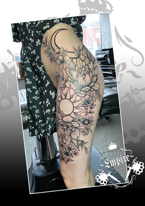 Sun And Moon Leg Sleeve, Large Spiritual Tattoos, Large Sun And Moon Tattoo, Sun And Moon Sleeve Tattoo, Sun And Moon Thigh Tattoo, Side Tats, Cosmic Tattoos, Butterfly Thigh Tattoo, Thigh Piece Tattoos