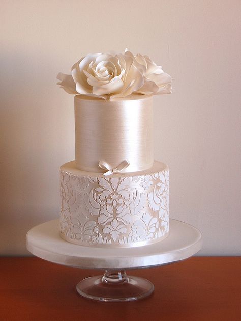 Rose Wedding Cake | Ganached cake/sharp edge technique with sugar flowers, pearlized finish and stenciling by bakingarts, via Flickr Mini Torte, Fondant Wedding Cakes, Wedding Cake Roses, Tiered Cake, Cake Trends, Elegant Wedding Cakes, Wedding Cakes With Flowers, Elegant Cakes, Beautiful Wedding Cakes