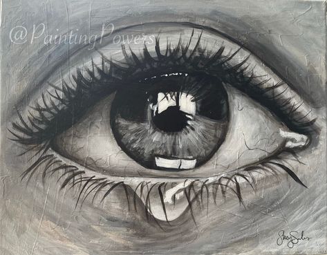 A realistic Black and white acrylic painting of a crying eye. Canvas prints of original in multiple sizes. Crying Eye Painting, Female Eyes Drawing Reference, How To Draw Realistic Eyes, Portrait Art Black And White, Black And White Reference Photos, Crying Eye Sketch, Painting Of Eyes, Realistic Eyes Drawing, Realistic Eye Painting