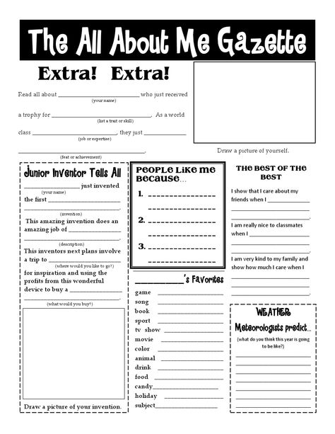 All About Me Gazette! This is more in depth and we could do a lesson on how people write stories that capture their audiences attention before doing this activity. Great idea where students can write and we can all learn about one another. Classroom English, Bulletin Boards Theme, Christian Classroom, Rock Projects, All About Me Worksheet, School Start, Business Activities, Book Reports, First Day Of School Activities