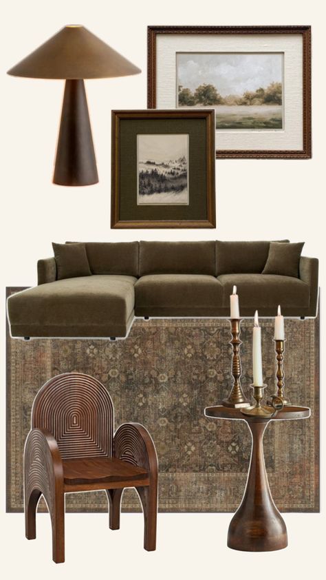 Living room decor ideas Moody Rental Living Room, Neutral Maximalist Living Room, Decor With Wood Paneling, Anthro Inspired Living Room, Living Room Mixed Wood Tones, Earthy Vintage Living Room, Moody Living Room Inspiration, Vintage Moody Living Room, Living Room Mood Board Colour Schemes