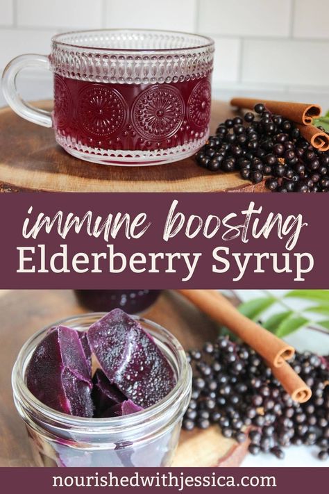 Boost your immune system with this easy homemade elderberry syrup recipe! Made with fresh or dried berries, raw honey, and cinnamon, this syrup is a holistic remedy for cold and flu season. Learn how to make and store this immune-boosting syrup at home. It’s a simple, natural way to reduce symptoms and keep your immune health strong all year long. Recipe For Elderberry Syrup, Elderberry Honey Syrup Recipe, Elderberry Syrup Recipe Instant Pot, Elder Berry Syrup Recipe, Elderberry Wellness Shots, Elderberry Immunity Shots, Fresh Elderberry Syrup Recipe, Elderberry Syrup Recipe Fresh Berries, How To Make Elderberry Syrup