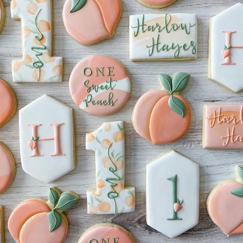 Sweet As A Peach First Birthday Cookies, Peach First Birthday Cookies, First Birthday One Sweet Peach, Sweet As A Peach Cookies, Peach Themed Cookies, 1 St Birthday Themes Girl, Peachy First Birthday, One Sweet Peach Birthday Cookies, One Sweet Peach Birthday Food