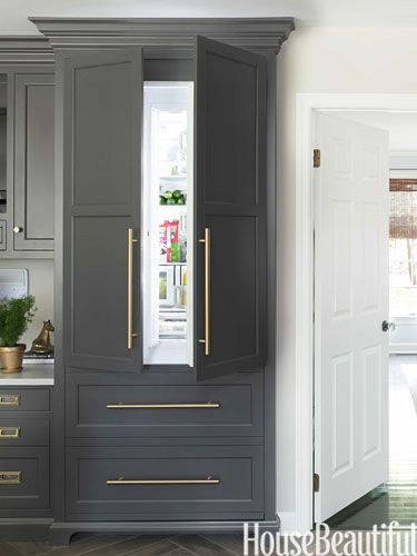 Built In Refrigerator Cabinet, White Kitchen Inspiration, Refrigerator Cabinet, Classic White Kitchen, Gray And White Kitchen, Built In Refrigerator, Revere Pewter, Gray Cabinets, Classic Kitchen