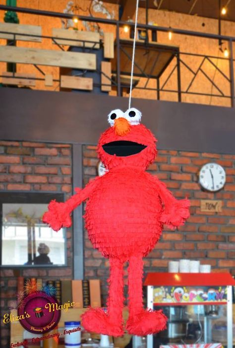 Kara's Party Ideas Sesame Street Birthday Party | Kara's Party Ideas Sesame Street Pinata, Sesame Street Dessert Table, Elmo Pinata, Sesame Street Birthday Party Ideas Boy, Street Dessert, Balloon Lamp, Elmo Cake, Elmo Birthday Party, Piñata Ideas