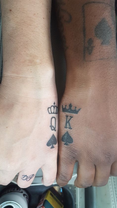 King queen spade tattoo on our hands. My husband and i.♡ Kind And Queen Tattoos, Queen Spades Tattoo, Queen Of Spades Card Tattoo, King Of Spades Tattoo, Cool Little Tattoos, Chess Piece Tattoo, Spades Tattoo, King Queen Tattoo, Chess Tattoo