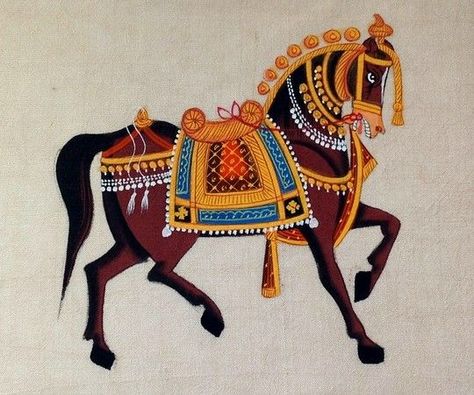 Horse Embroidery Designs Indian, Mughal Animals, Rajasthani Prints, Folk Symbols, Draw Canvas, Beginners Canvas Painting, Painting With Acrylic Paint, Rajasthani Painting, Canvas Painting For Beginners