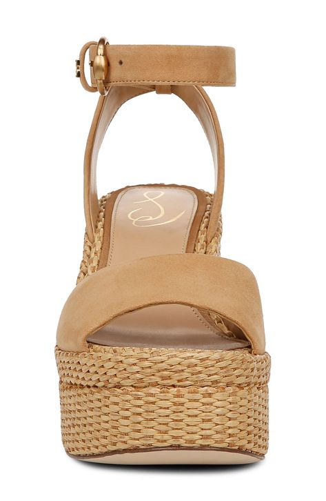 A woven platform and chunky block heel lend a boho-inspired aesthetic to an eye-catching sandal secured with an adjustable strap at the ankle. 4" heel; 1 1/4" platform Adjustable ankle strap with buckle closure Leather or textile upper/synthetic lining/rubber sole Imported Inspired Aesthetic, Brown Wedges, Chunky Block Heels, Platform Wedge Sandals, Platform Wedge, Wedge Sandal, Espadrilles Wedges, Platform Wedges, Sam Edelman