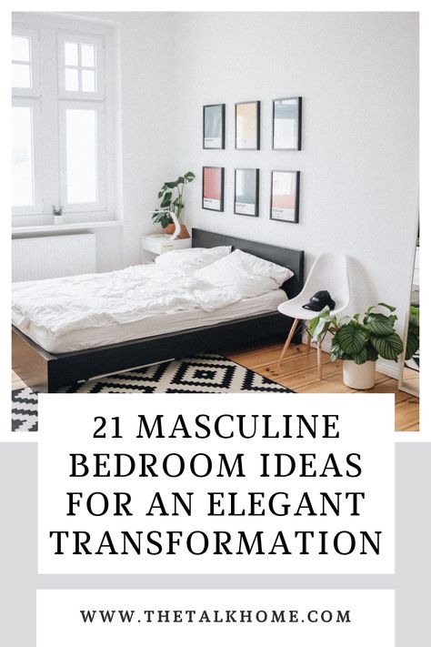 Transform your bedroom into a masculine oasis with these 21 elegant ideas! Masculine Romantic Bedroom, Small Masculine Bedroom, Masculine Bedroom Furniture, Male Room Ideas Masculine Bedrooms, Mens Bedroom Ideas Masculine Interior, Bright White Walls, Male Room Ideas, Masculine Bedroom Ideas, Masculine Bedroom Design