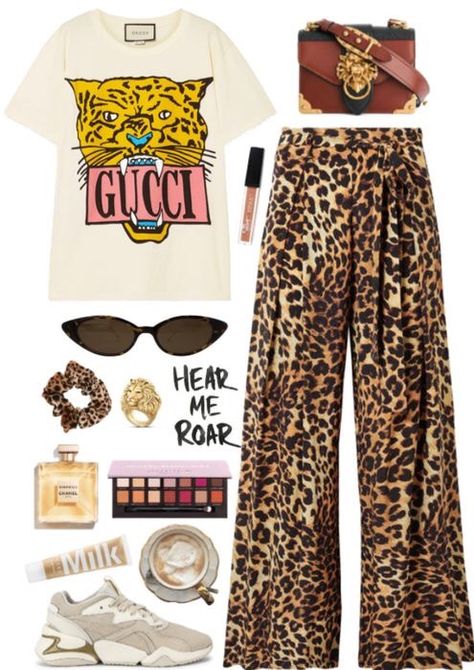 Gucci Tee Outfit, Leopard Pants Outfit Summer, Leopard Trousers Outfit, Leopard Print Trousers Outfit, Pattern Pants Outfit, Leopard Trousers, Gucci Tee, Polyvore Summer, Mode Rock