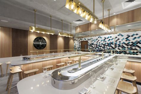 Sushi & Nori - Silver Winner - 2017 Melbourne Design Awards Sushi Belt, White Fish Scale Tile, Sushi Train, Sushi Nori, Sushi Counter, Conveyor Belt Sushi, Tiled Wall, Sushi Menu, Fish Scale Tile