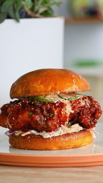 Korean Fried Chicken Burger, Kimchi Sandwich, Korean Fried Chicken Sandwich, Chicken Kimchi, Crispy Korean Fried Chicken, National Sandwich Day, Sandwich Day, Korean Fried Chicken, Fried Chicken Sandwich