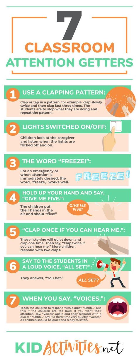 A collection of classroom attention getters. These are great practices to use to get children attention in the classroom or during transitions. #ClassroomAttentionGetters #TransitionIdeas #GettingKidsAttention Transition Activities For Preschoolers, Classroom Attention Getters, Preschool Transitions, Classroom Vibes, Classroom Management Preschool, Transition Songs, Transition Activities, Attention Getters, Attention Grabbers