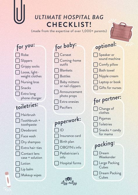 The hospital packing checklist created with the expertise of 1000 new parents. Birth Checklist, Baby Hospital Bag Checklist, Hospital Checklist, Tummy Time Toys, Pacifier Storage, Baby Planner, Baby Hospital Bag, Hospital Bag Essentials, Baby Delivery