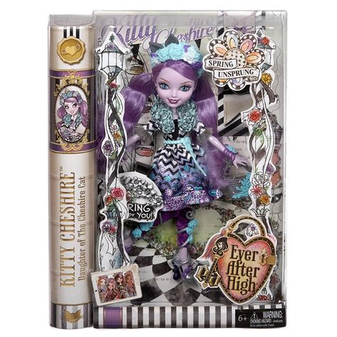 Ever After High Kitty Cheshire, Ever After High Spring Unsprung, Spring Unsprung, Kitty Cheshire, New Monster High Dolls, Book Purse, Disney Characters Videos, Light Blue Flowers, Mattel Dolls