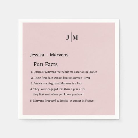 Dust Pink Wedding, Pink Wedding Napkins, Fun Facts Wedding Napkins, Fun Facts Wedding, Dusty Pink Wedding, Simple Wedding Reception, Dusty Pink Weddings, Dust Pink, Wedding Stickers