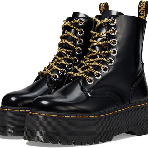 Nothing Can Stand Up To The Modern, Oversized Style Of The Dr. Martens Jadon Max Platform Boots! These Lace-Up Commando Boots Feature A Polished Leather Upper, Flecked Fabric Laces, And Hard-Hitting Platform That Will Take Your Style To The Edge! Buttero Leather Upper Is A Full Grain, Smooth Leather With A Satin Gloss And Premium Supple Feel. Eight-Eyelet Lace-Up Boot With Fabric Laces And Oversized Metal Eyelets. Also Includes A Second Pair Of Black Laces. Features Classic Doc's Dna With Visibl Jadon Max Platform Boot, Dr Martens Jadon Max, Jadon Max, New Rock Shoes, Dr Martens Jadon, Autumn Shoes Women, Moon Fashion, Leather Motorcycle Boots, Women Platform Sneakers