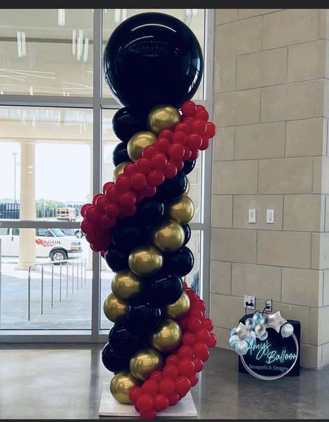 Red Black Gold Balloon Garland, Prom Balloon Columns, Prom Balloon Garland, Sneaker Ball Balloon Arch, Science Balloon Arch, Balloon Column Topper Ideas, Balloon Column Designs, Balloon Tower Ideas, Balloon Column Ideas