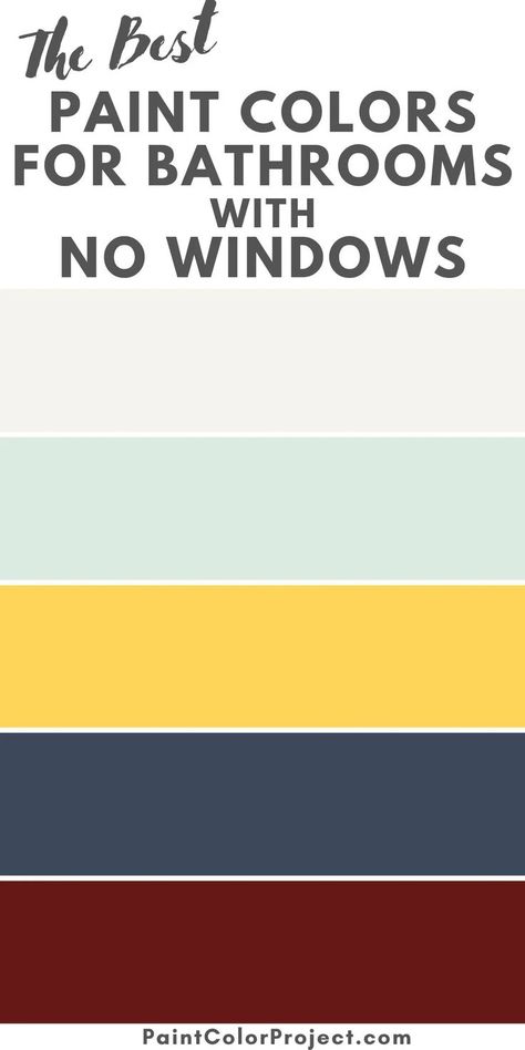 Brighten up your windowless bathroom with our guide to the best paint colors for bathrooms with no windows. Make your windowless bathroom light and bright, or rich and cozy. Colors For Bathrooms With No Windows, Bathroom Paint Colors With No Windows, Paint Color For Small Bathroom No Window, Bathroom Without Windows Paint Colors, Windowless Bathroom Paint Colors, Bathrooms With No Windows, Small Windowless Bathroom, Spa Paint Colors, Bright Bathroom Colors