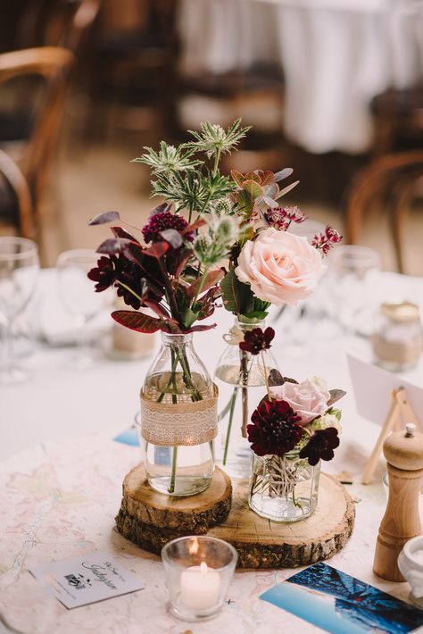 Milk bottles and jam jars Glass Jar Table Decorations, Vintage Bottles Wedding Centerpieces, Flower Jars Wedding, Hydrangea And Ranunculus Centerpiece, Glass Milk Bottle Centerpiece, Apothecary Jar Centerpieces Wedding, Milk Jar Flower Arrangements, Flowers In Glass Bottles Centerpieces, Wedding Flowers In Jars