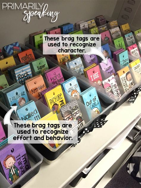 Brag Tags {Tips & Tricks} | Primarily Speaking Brag Tag Storage, Classroom Store Rewards, Ticket Rewards For Classroom, Student Brag Tags, Tickets Classroom Management Reward System, Classroom Management Rewards, Brag Tags, Classroom Rewards, Classroom Behavior Management